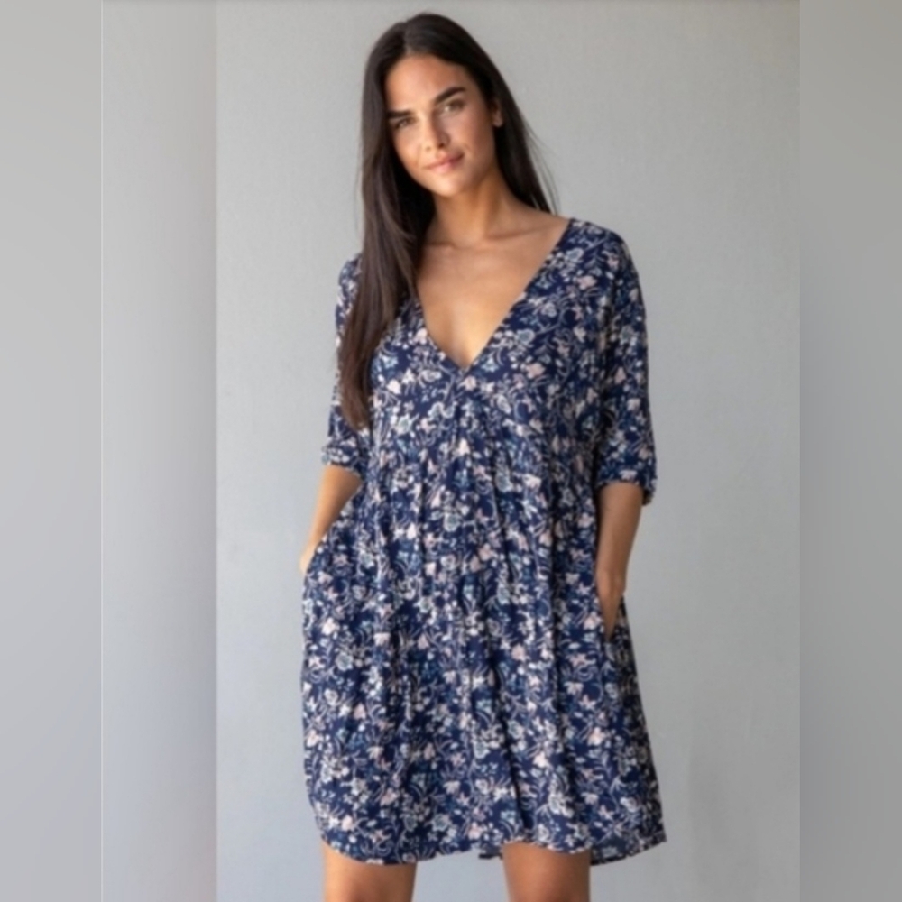 NATURAL LIFE Navy Floral Babydoll Dress With Pockets
